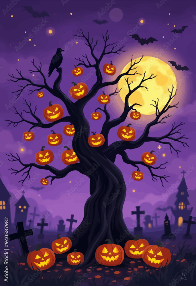 Halloween Tree with Pumpkins and Moon