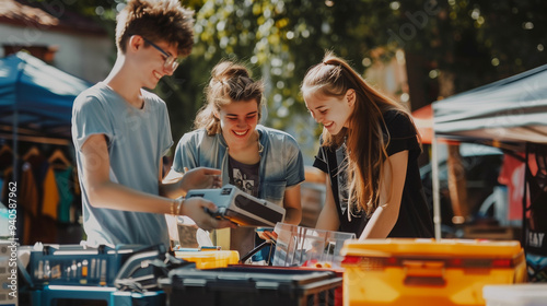 Smiling teenagers setting up a garage sale in the sunshine