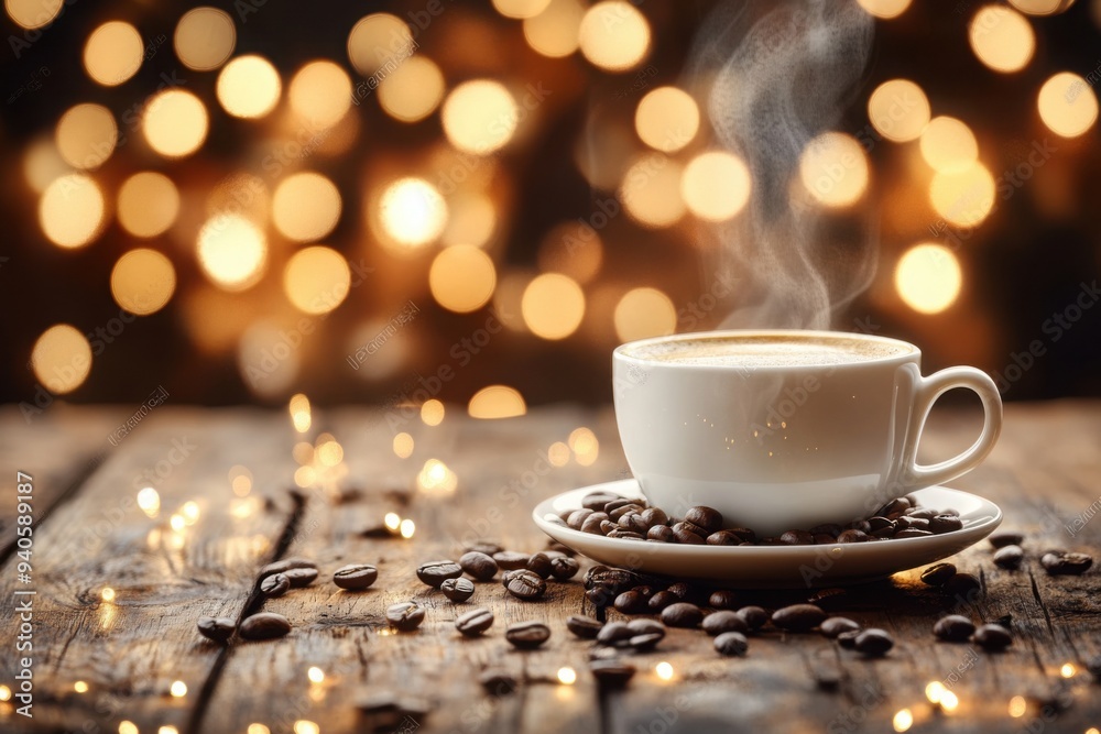 Fototapeta premium Steaming coffee cup with bokeh lights