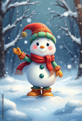 Happy Snowman Waving in Winter Wonderland