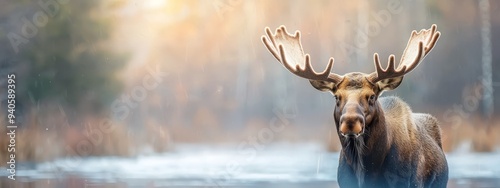  A tight shot of a moose, its massive antlers jutting out against a backdrop of still water photo