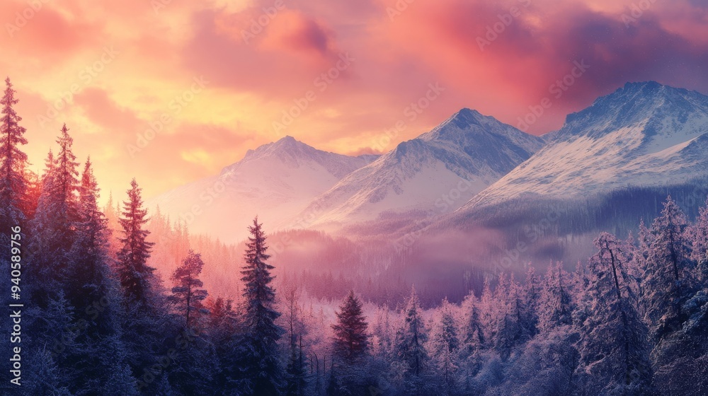 Obraz premium Wintery sunrise amidst peaks