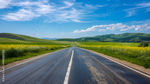 An open asphalt road invites adventure, winding through lush green hills under a clear blue sky, perfect for abstract travel wallpaper ai generative..