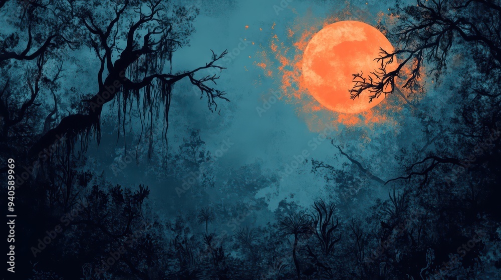Obraz premium Safari through haunted forests with eerie Halloween decorations
