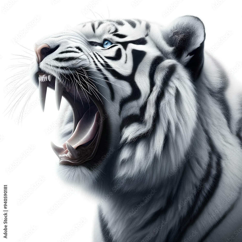 Fototapeta premium White Tiger Roaring with Powerful Presence on a White Background