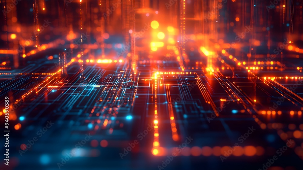 An abstract image of a cybernetic system with glowing lines and circuits, emphasizing the automated processes within the network
