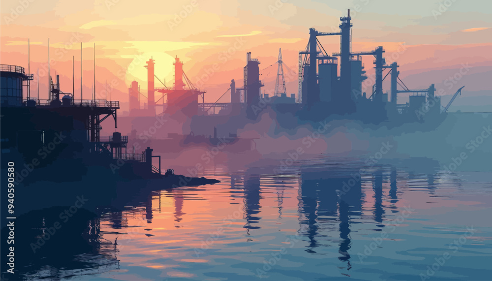 Naklejka premium Industrial Sunset: Reflections of a Chemical Plant