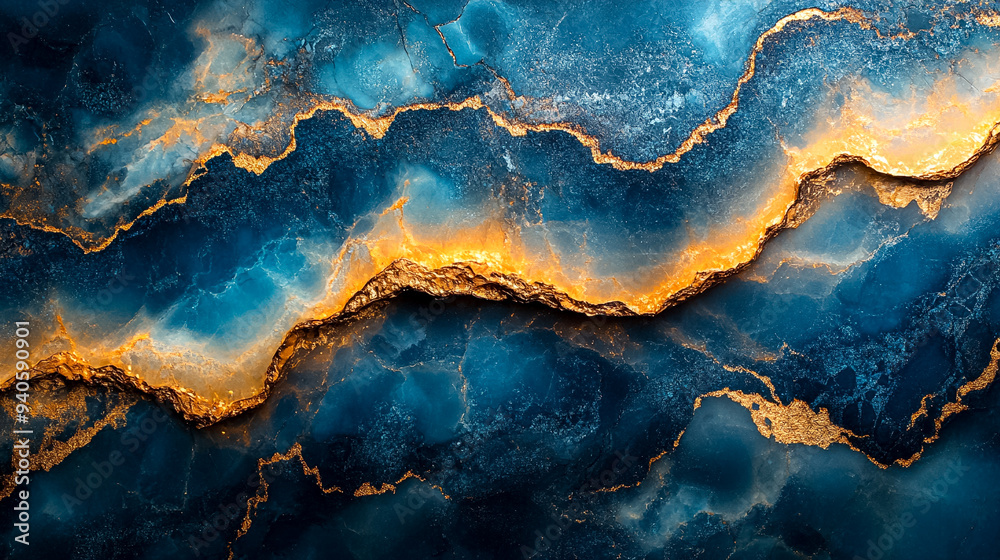 A blue and gold painting of a wave A blue and gold painting of a wave