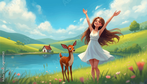 Joyful Moment: Woman and Deer in a Pastoral Scene