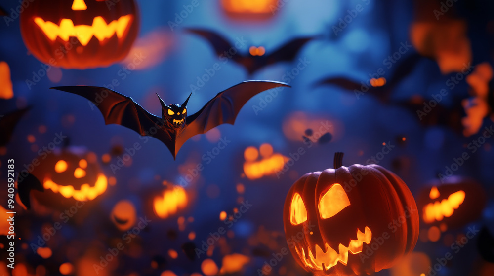 Fototapeta premium A dark, atmospheric image featuring bats flitting around glowing jack-o'-lanterns, capturing the spooky charm of Halloween.