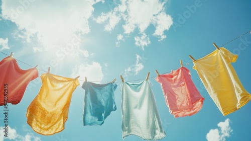 Colorful clothes hanging to dry on a laundry line with a sunny blue sky background, perfect for household chores or laundry day concepts Generative AI