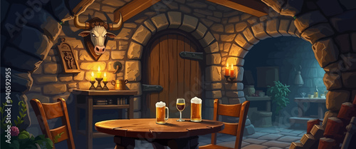 Medieval tavern scene with wooden door, table, and candlelight
