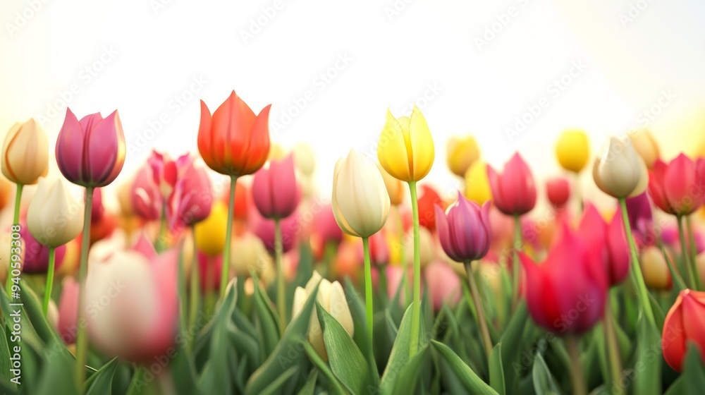 Vibrant Tulips in a Field on a White Background, Spring Floral Scene Generative AI Vibrant Tulips in a Field on a White Background, Spring Floral Scene Generative AI