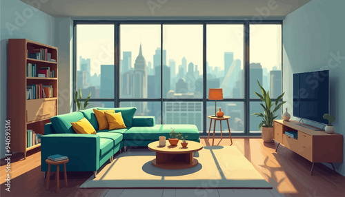 Modern Living Room with City View