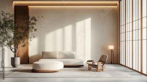 Minimalist, japandi interior design of modern living room with accent armchair