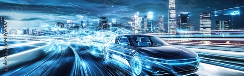 A smart electric vehicle glides along a futuristic, technology-enhanced highway