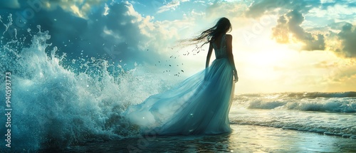 Fantasy world scene with a nereid languidly strolling out of the water, high resolution photography capturing ethereal beauty and magical atmosphere photo