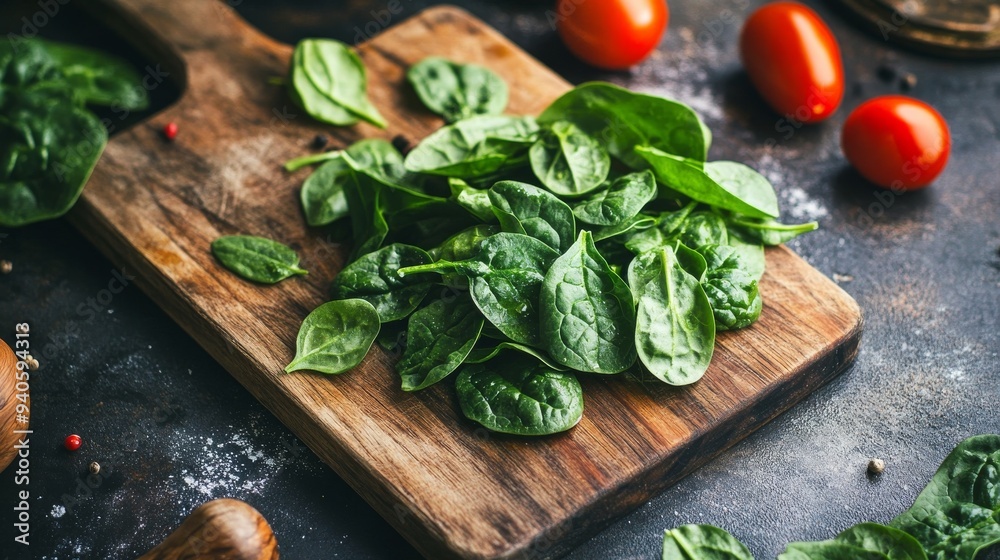 Spinach on board for cooking. Spinach on board for cooking.