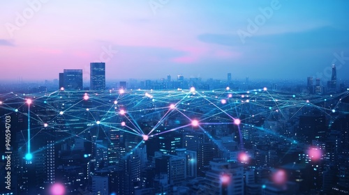 Wallpaper Mural Global Network of Connections Interacting Over Cityscape Generative AI Torontodigital.ca