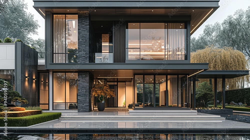 Modern Chinese style villa entrance design, dark gray and white color scheme combined with wood grain material wall panels. The front view, black metal fence, reflection pool. Generative AI. Modern Chinese style villa entrance design, dark gray and white color scheme combined with wood grain material wall panels. The front view, black metal fence, reflection pool. Generative AI.