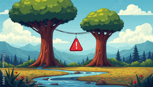 Nature's Warning: A Red Caution Sign Between Two Trees
