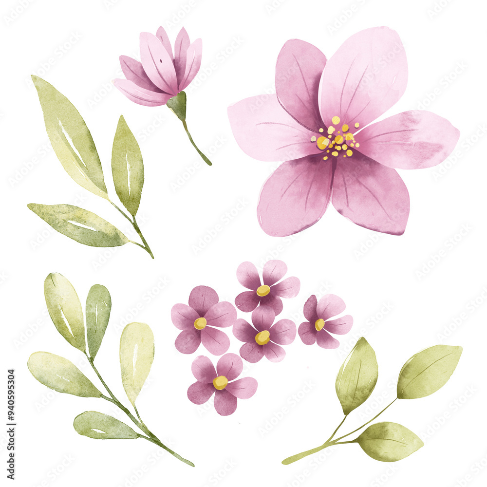 Fototapeta premium Pink flowers and leaves digital illustration, spring design, watercolor hand painting. Perfectly for printing, sublimation. 