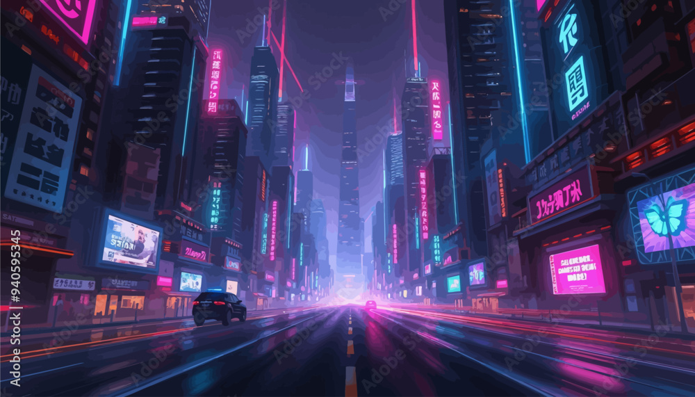 Neon-lit city street at night with illuminated billboards and a car in motion Neon-lit city street at night with illuminated billboards and a car in motion