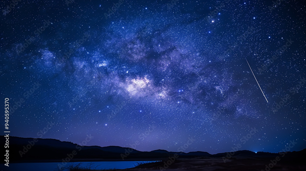 Fototapeta premium Stunning Night Sky with Milky Way and Shooting Star over Silhouetted Mountains