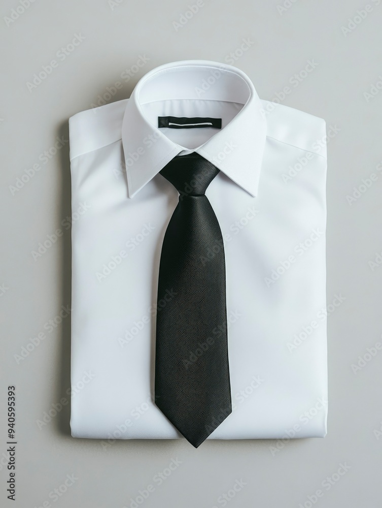 White Dress Shirt with Black Tie Folded on Grey Background White Dress Shirt with Black Tie Folded on Grey Background