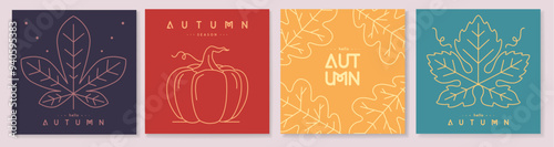 Set of retro line art autumn covers or cards with autumn floral desoration. Vector illustration