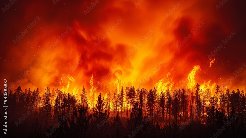 A dramatic and clear photo of a raging forest fire under a midnight sky, with intense flames illuminating the trees. A dramatic and clear photo of a raging forest fire under a midnight sky, with intense flames illuminating the trees.