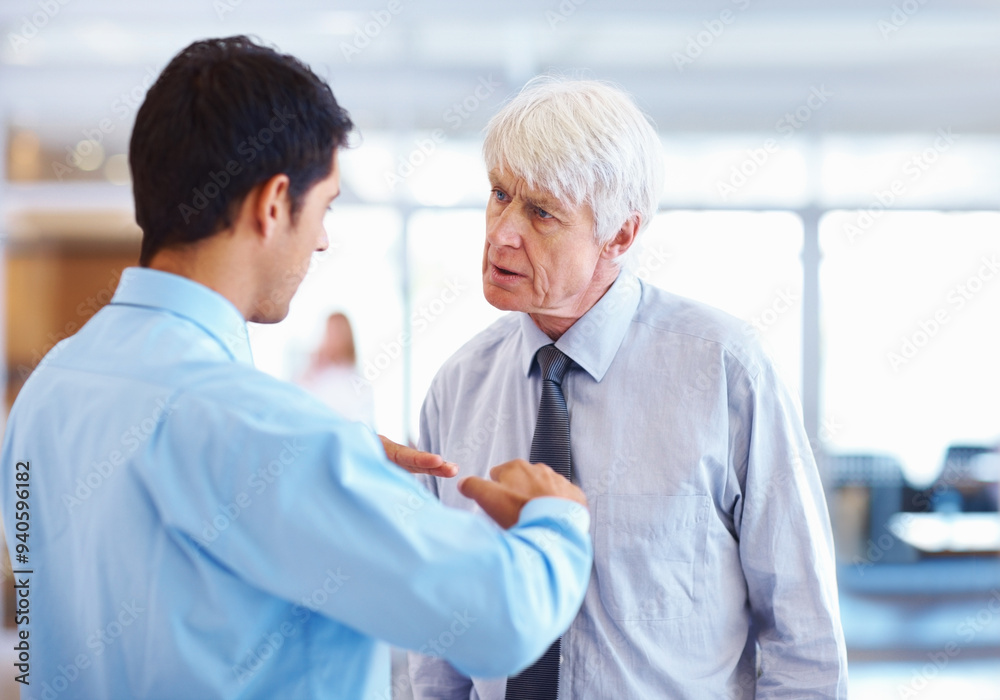 Business people, manager confused and talking in office, partnership and consulting mentor in team. Employees, communication and doubt for advice in workplace, collaboration and lobby discussion