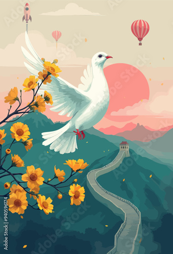 Peaceful Bird's Flight Over a Scenic Pathway