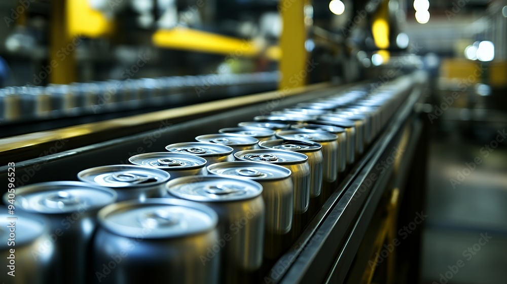 Cans moving along a conveyor belt in a beverage production facility. Cans moving along a conveyor belt in a beverage production facility.