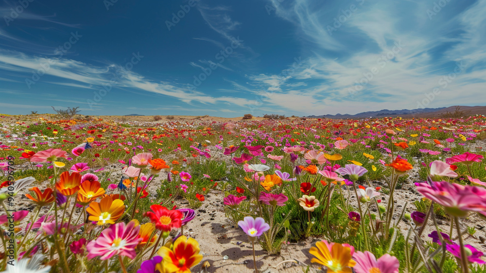 a beautiful desert bloom with colorful flowers carpeting the sandy ground a beautiful desert bloom with colorful flowers carpeting the sandy ground