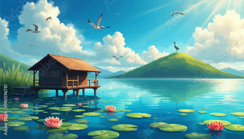Peaceful Lake Scene with House on Stilts, Birds, and Lily Pads
