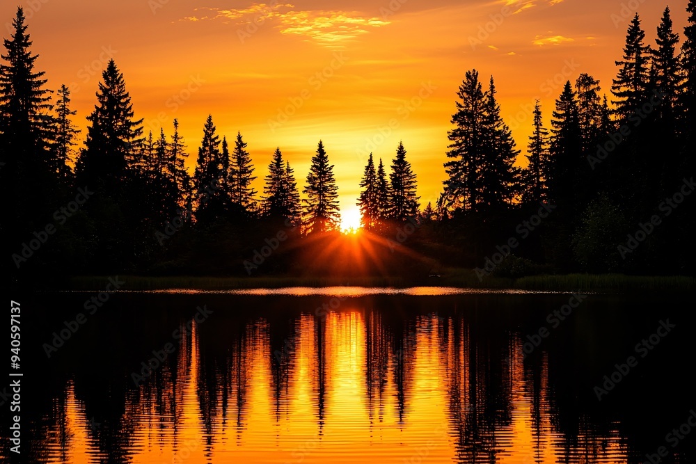 Fototapeta premium A peaceful sunset bathes a still lake in warm orange tones, framed by the dark outlines of towering evergreens, offering a soothing retreat.