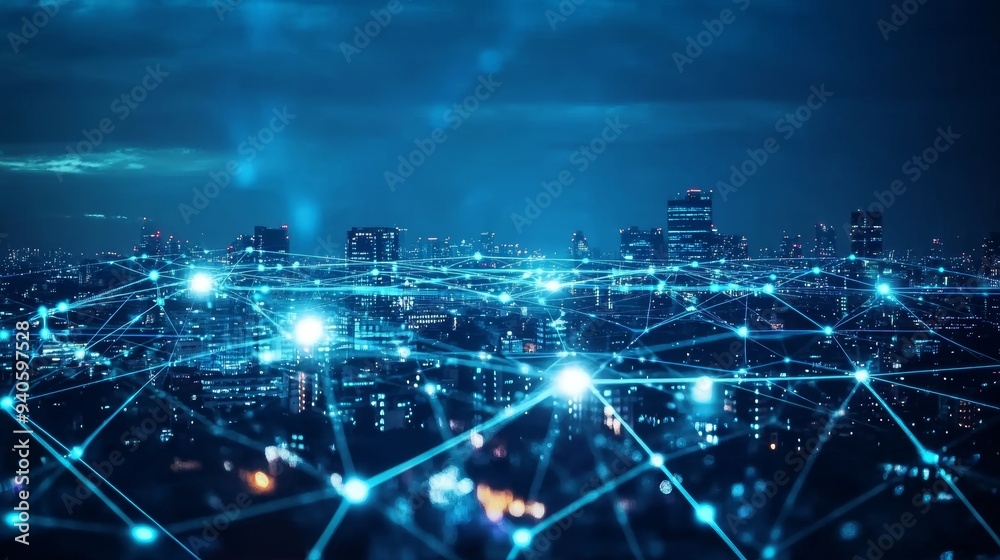 Global Network of Digital Technology Connections Over Cityscape Generative AI