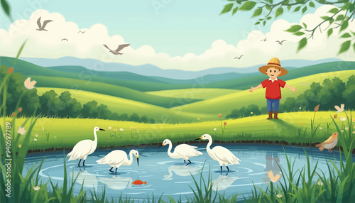 Peaceful Scene of a Boy and Birds by a Pond