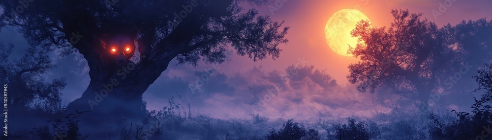 Haunted savanna with eerie Halloween atmosphere and glowing eyes Haunted savanna with eerie Halloween atmosphere and glowing eyes