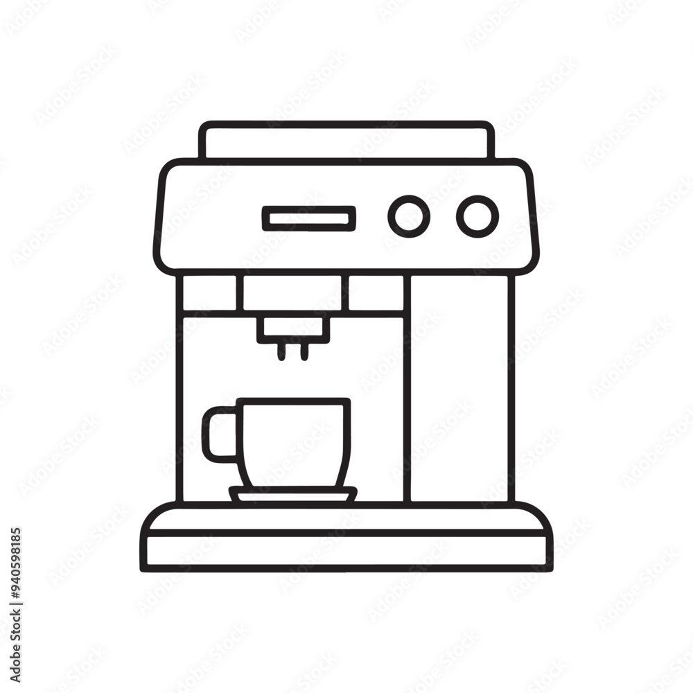 Coffee machine icon. Coffee equipment vector illustration. Icon coffee machine with cup in flat line icon on white background. Coffee machine icon. Coffee equipment vector illustration. Icon coffee machine with cup in flat line icon on white background.