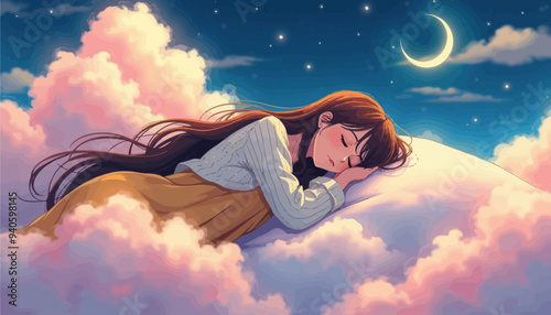 Peaceful Sleep: A Dreamy Night Sky Scene with a Girl Resting on Clouds