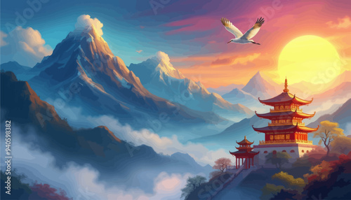 Peaceful Sunset Over a Traditional Chinese Temple with a Bird in Flight