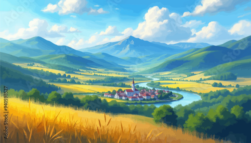Peaceful Village Amidst a Majestic Mountain Range