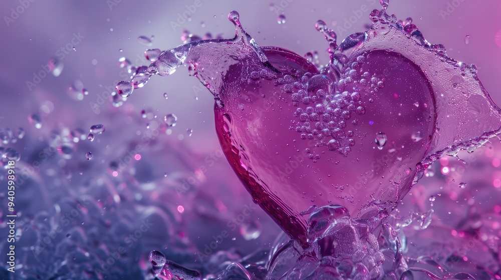 Splashes of water form a heart on a purple background. The concept of love, romance and impermanence. Perfect for Valentine's Day theme. Splashes of water form a heart on a purple background. The concept of love, romance and impermanence. Perfect for Valentine's Day theme.