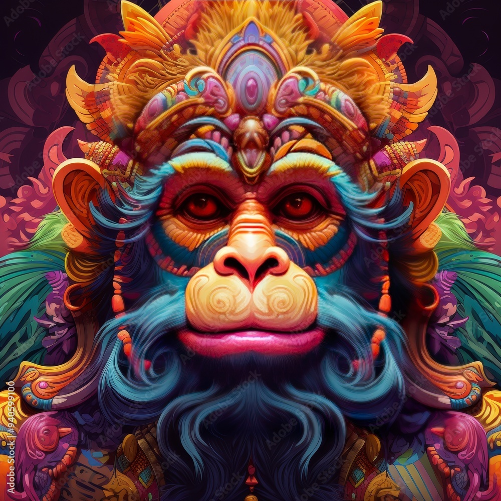 A vibrant, artistic depiction of a monkey with intricate patterns and colors. A vibrant, artistic depiction of a monkey with intricate patterns and colors.