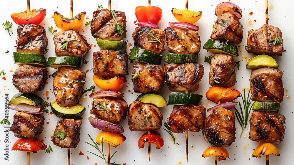 A set of colorful marinated kebab skewers with chunks of meat and vegetables on a white background. Generative AI. A set of colorful marinated kebab skewers with chunks of meat and vegetables on a white background. Generative AI.