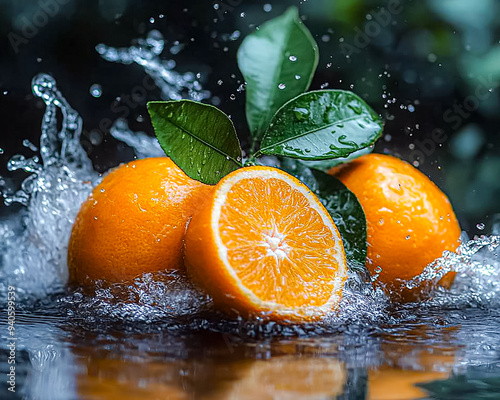 A splash of water surrounds three oranges and a leaf