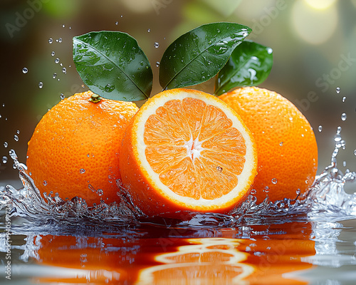 Three oranges are floating in water with a leaf on top of one of them