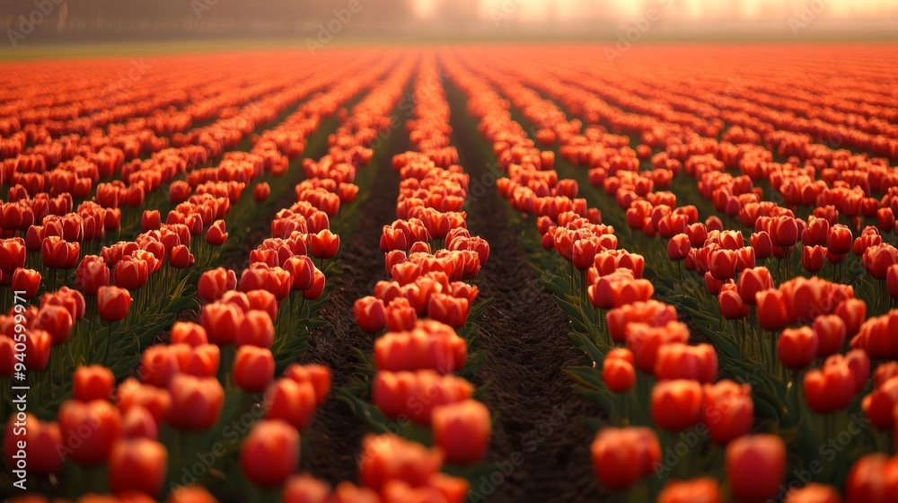 Obraz premium Holland's orange tulip rows